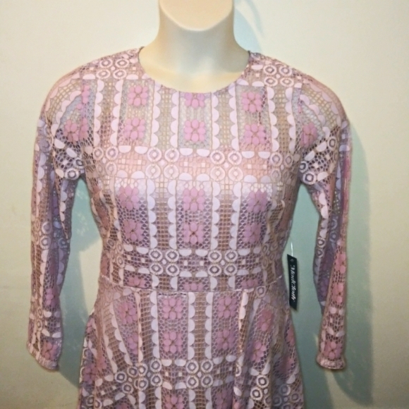 Modcloth Lavender Lace, Sexy Back Slit Fit & Flare Long Sleeved Mini Dress - Picture 2 of 15